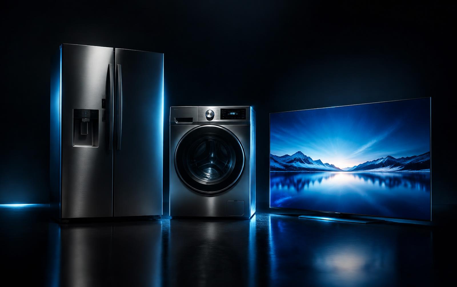 Refrigerator, washing machine and smart TV in a dark studio